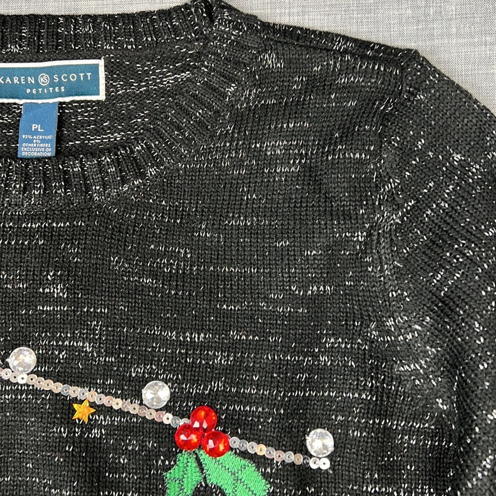 Black & Silver Metallic Christmas Xmas Holiday Sweater Petite Size Large - Picture 3 of 5